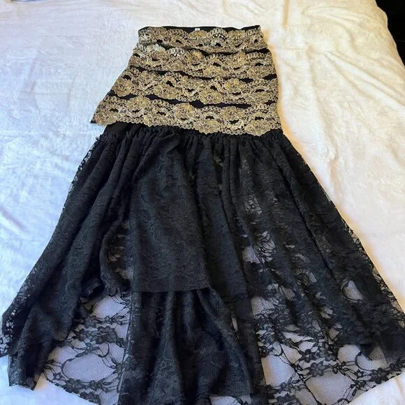 Patricia Wolf Gold Black Lace Layered Skirt Small Western Wear Ruffle Trim